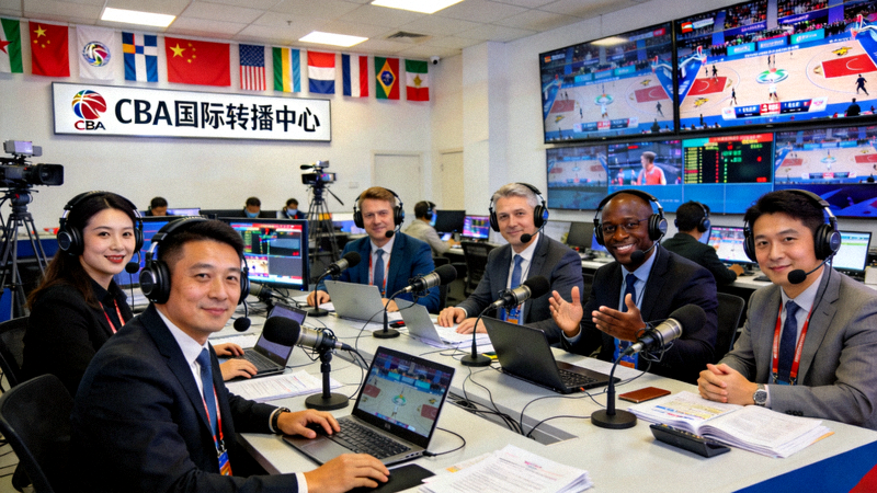 CBA国际转播中心内，多国解说员正在为全球观众进行多语言直播解说的工作场景