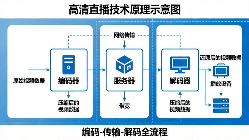 展示高清直播技术原理的示意图，包括编码、传输、解码等环节